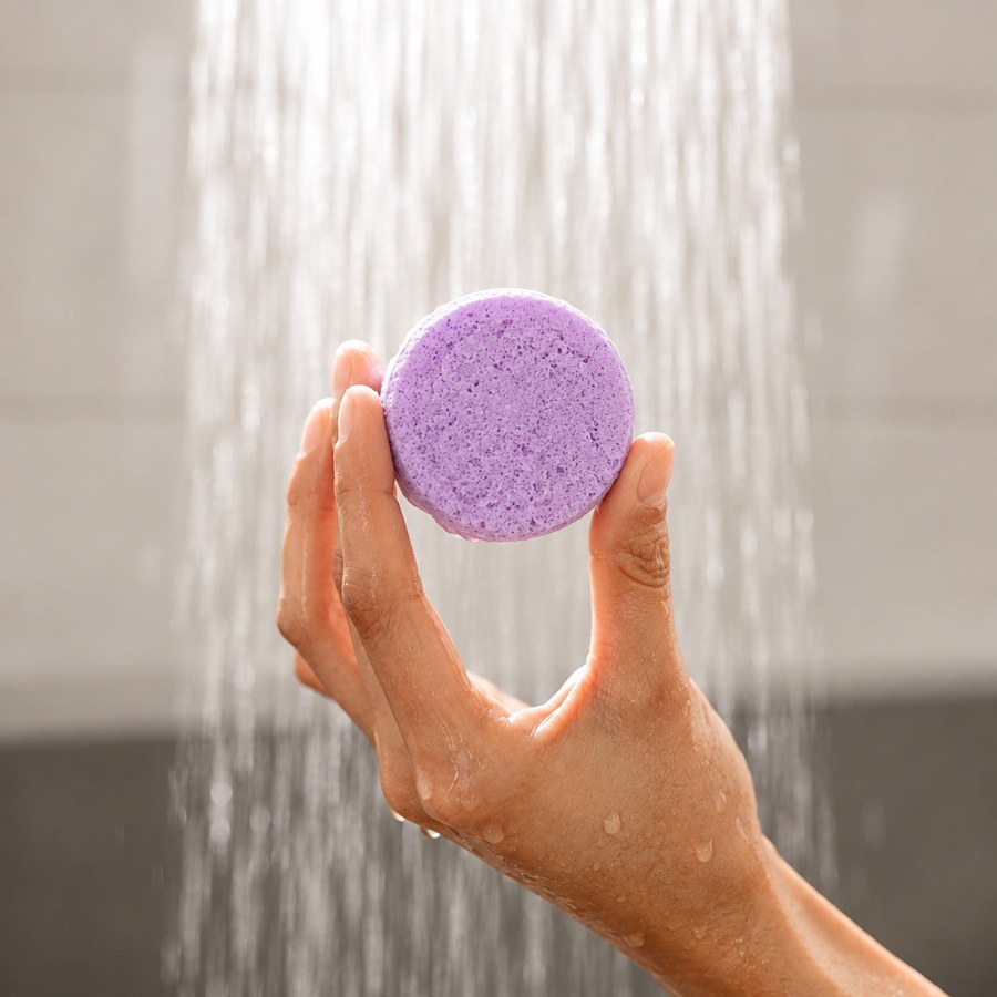 Duşun altında elde tutulan lila Bath Box duş tableti