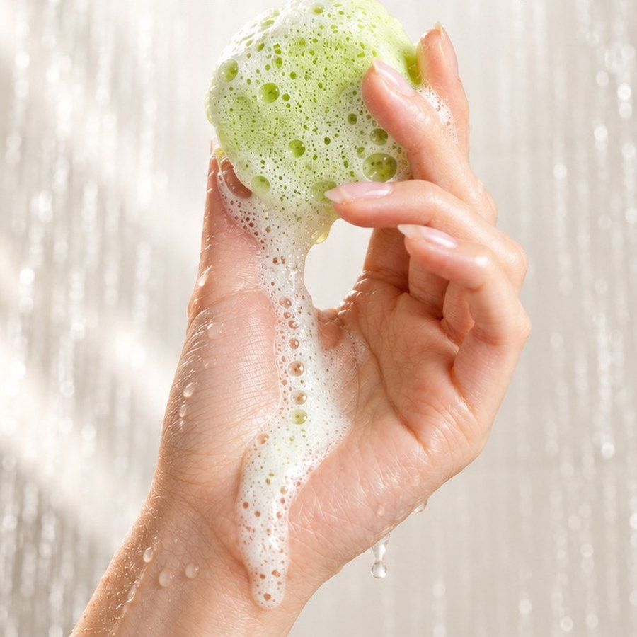 Duşun altında elde köpüren yeşil Bath Box duş tableti