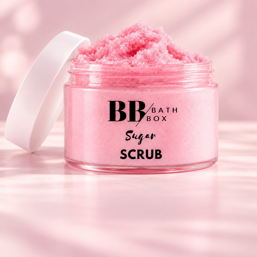 Kapağı açık pembe Bath Box sugar scrub kavanozu
