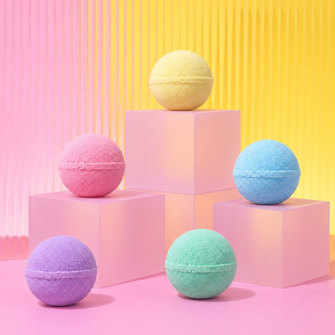 Pastel renkli banyo topları pembe podyumlarda