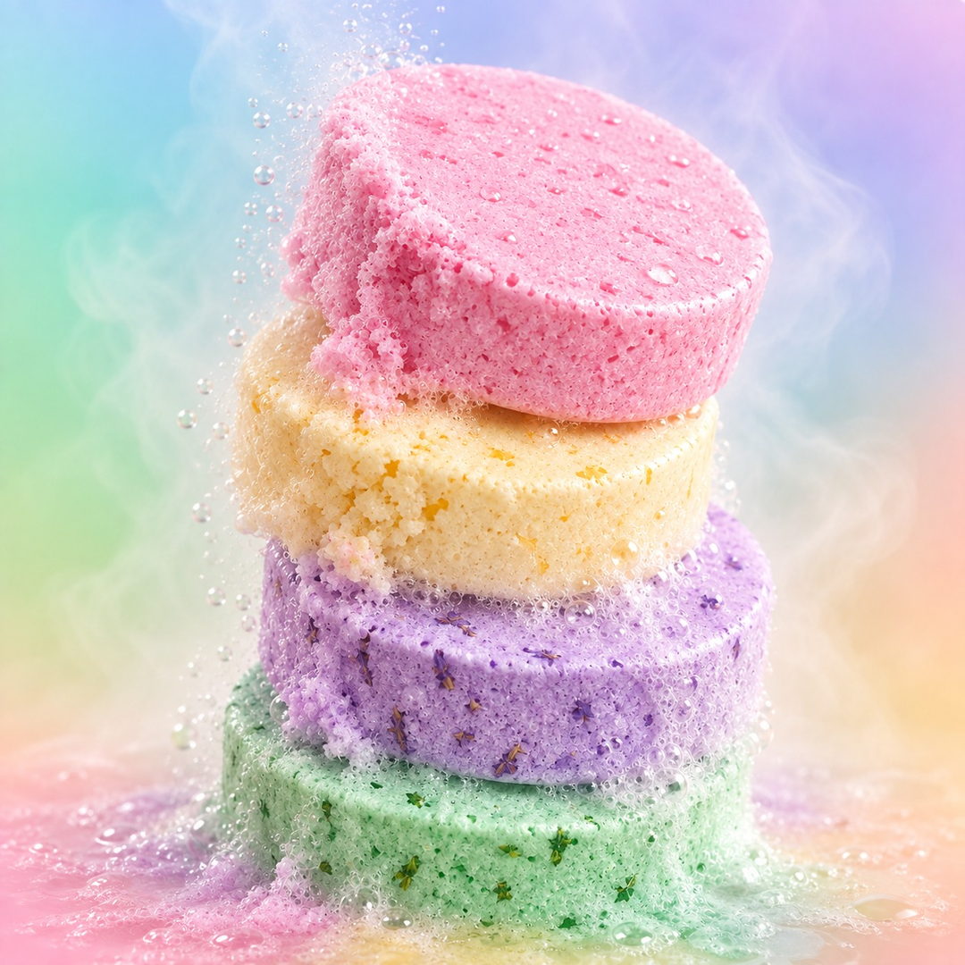 Üst üste dizilmiş köpüren pastel duş tabletleri