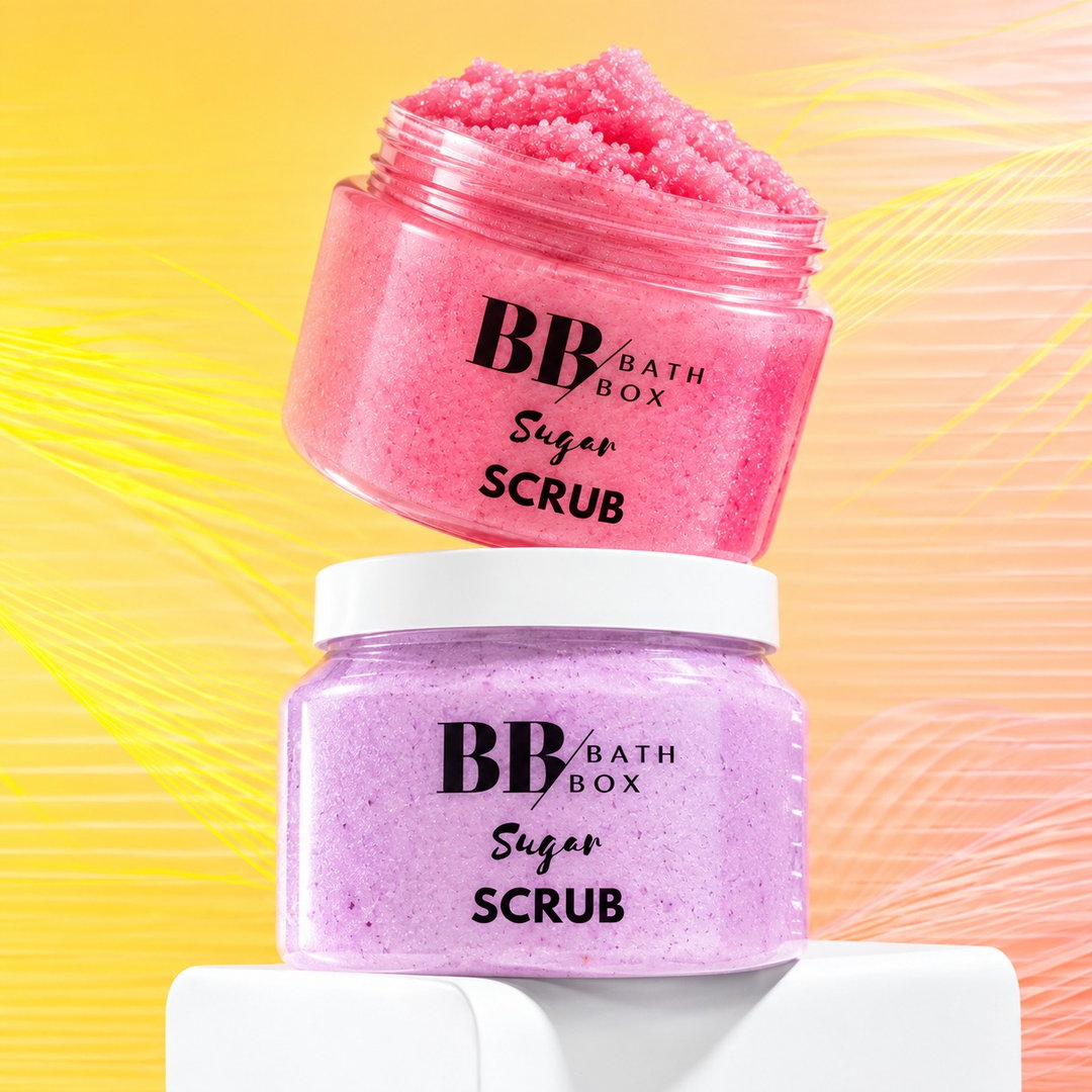 Pembe ve lila Bath Box sugar scrub kavanozları