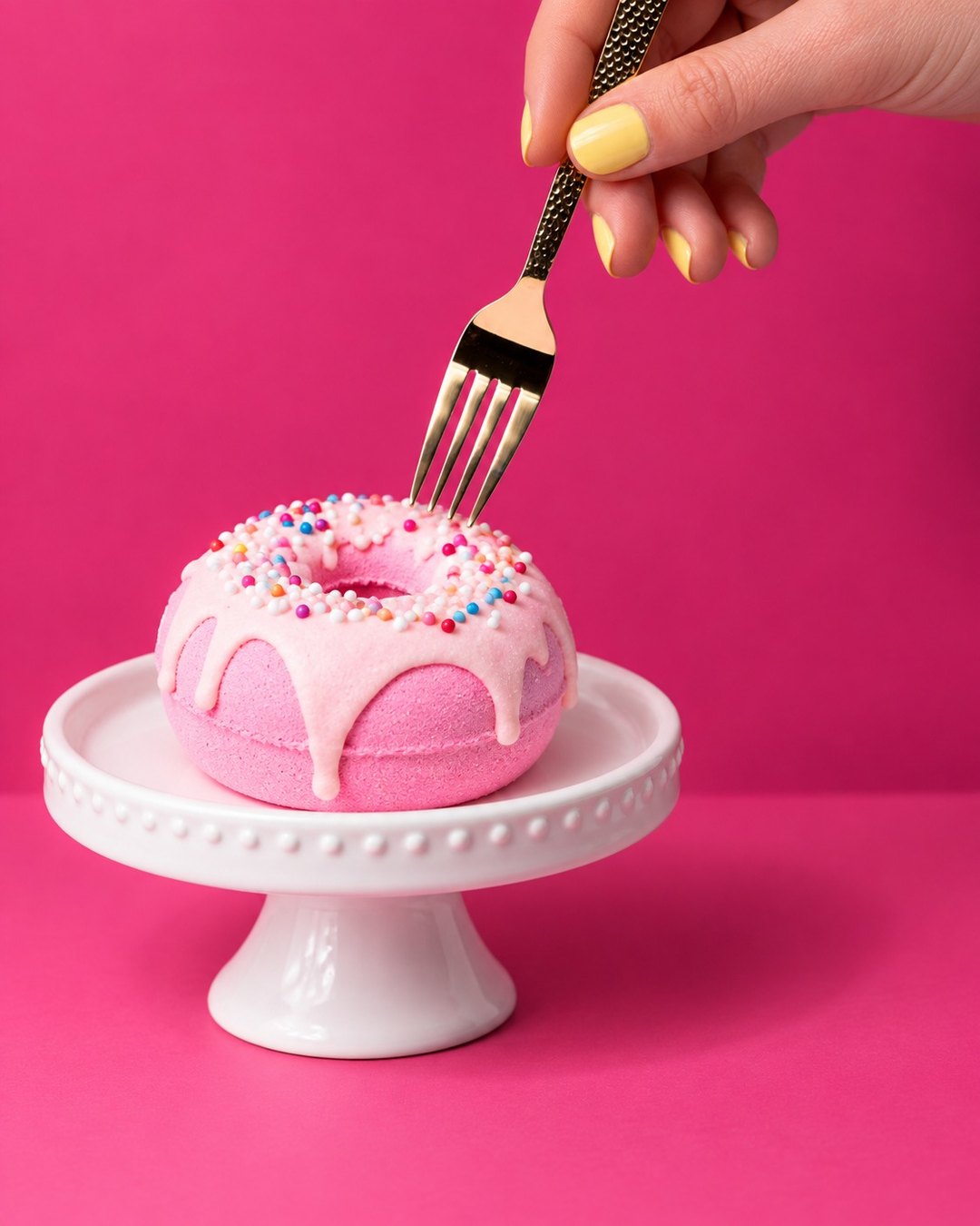 Pasta standında, şekerlemeli pembe donut banyo topu