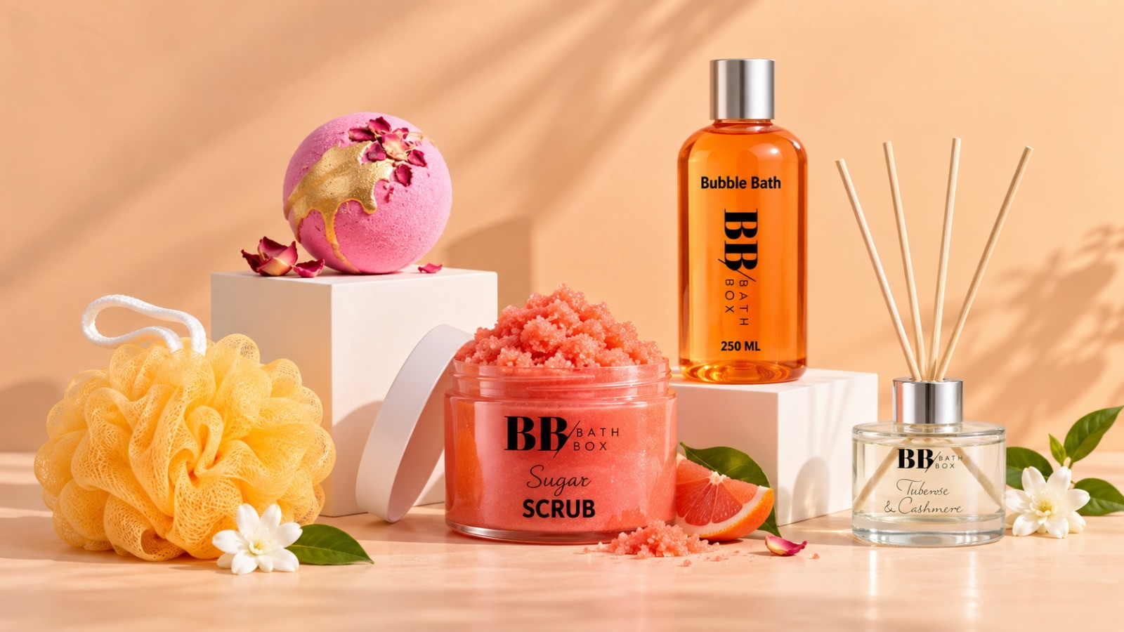 Şeftali rengi bir sahnede banyo topu, sugar scrub, köpük banyosu, çubuklu oda kokusu ve duş lifi