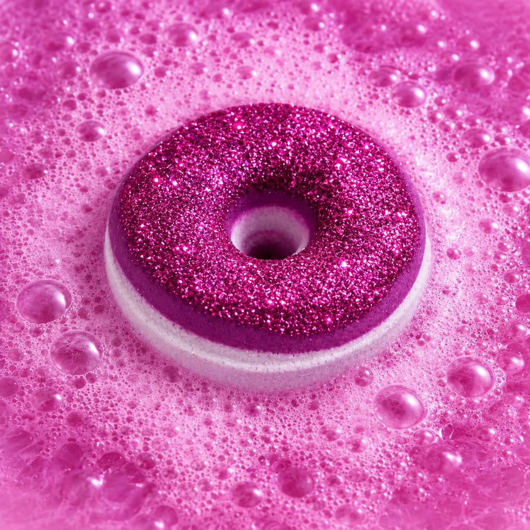 Simli Fuşya Donut Banyo Topu — Işıltılı Nem Bombası, Jakuzi & Küvet Topu, 150 gr